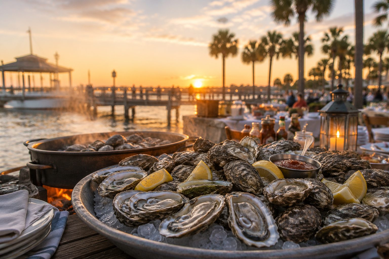 An oyster table by the water